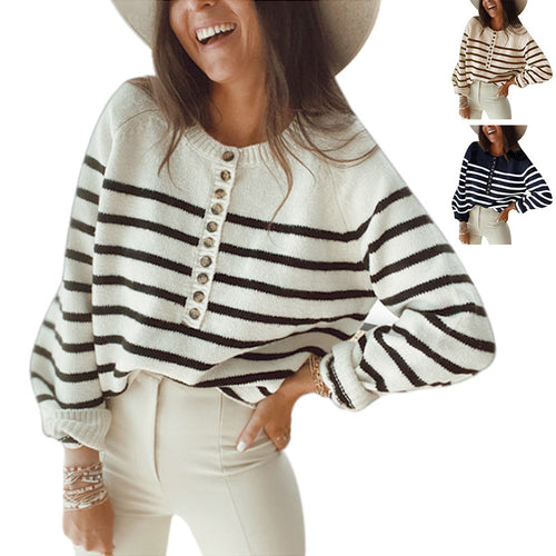 Striped women's sweater with button placket Lune London