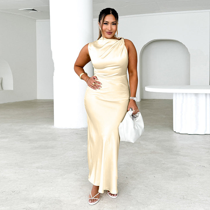 Elegant Maxi Dress for Women with Refined Cascading Neckline and Chic & Stylish Fluid Satin Finish