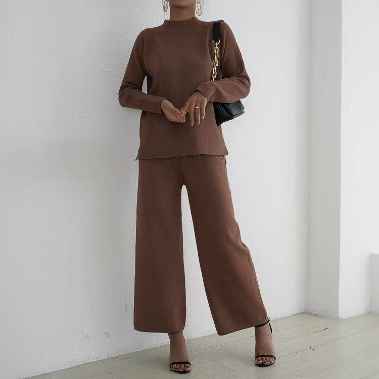 Elegant and casual knit loungewear set for women with high collar and wide legs Lune London