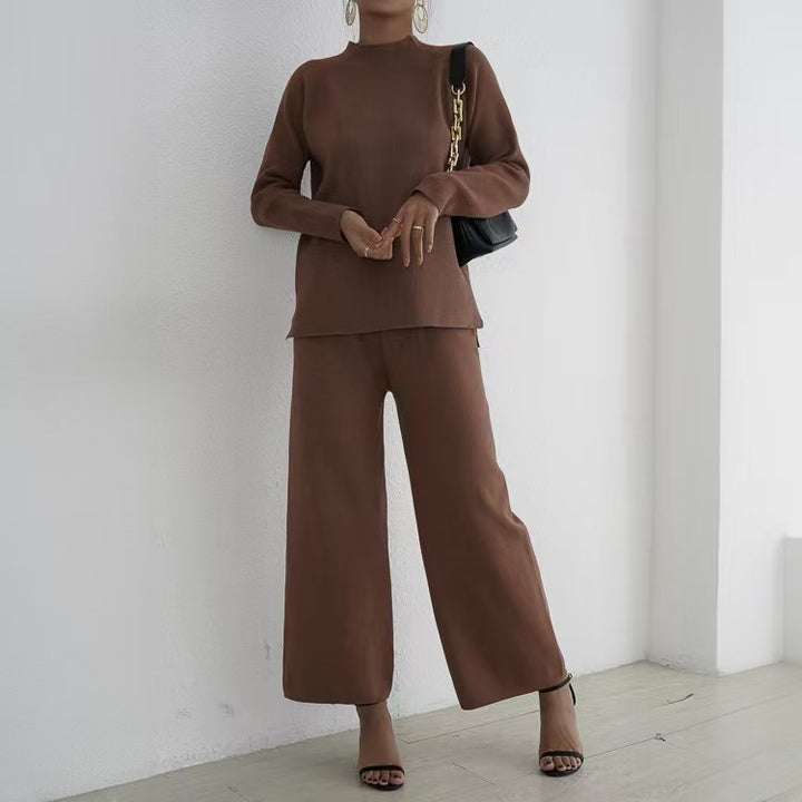 Elegant and casual knit loungewear set for women with high collar and wide legs Lune London