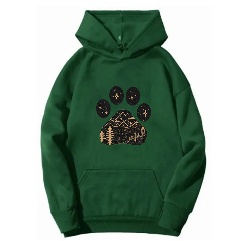 Women's hoodie with creative paw print design and mountain landscape Chic & Stil