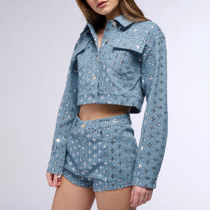 Cropped denim jacket for women with sparkling star pattern and matching shorts Lune London