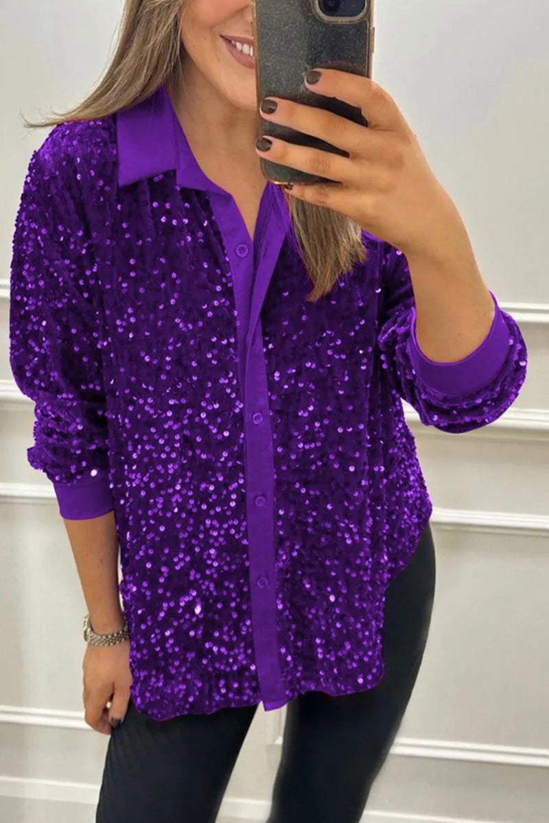 Blouse à sequins glamour pour femmes avec col classique et manches longues Chic & Stil