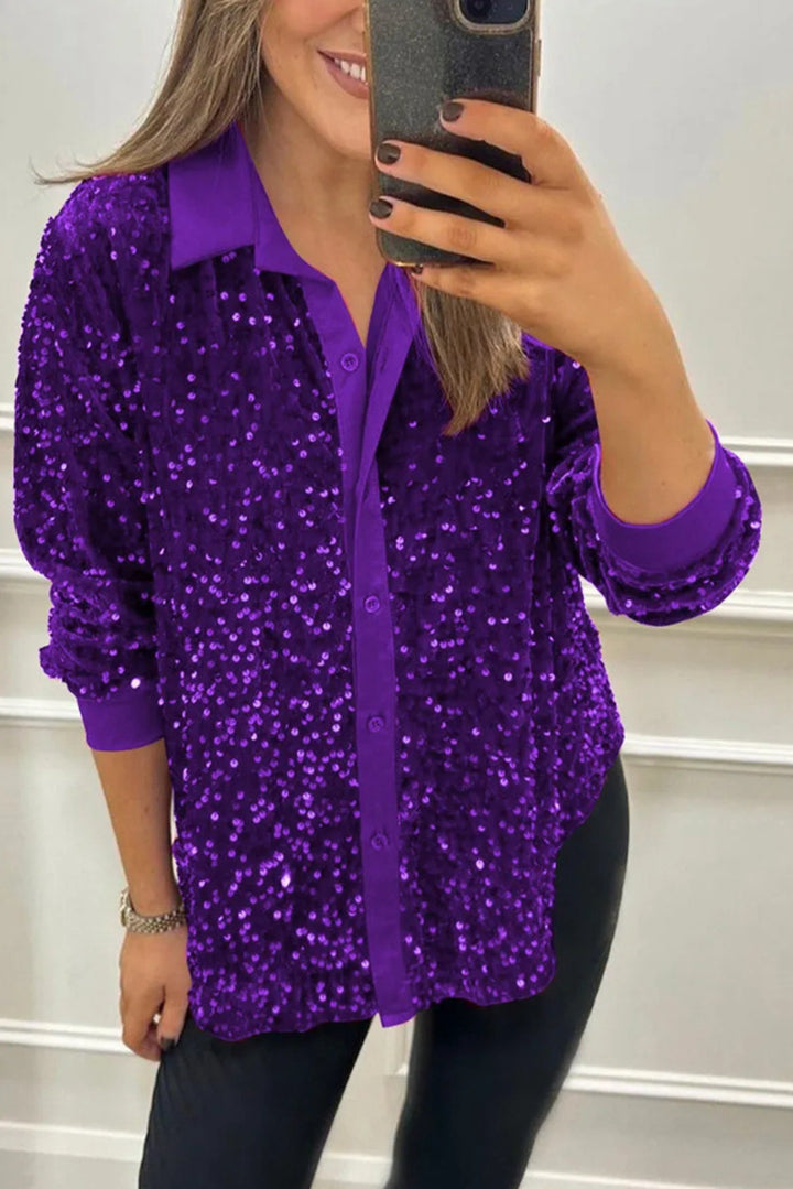 Blouse à sequins glamour pour femmes avec col classique et manches longues Chic & Stil