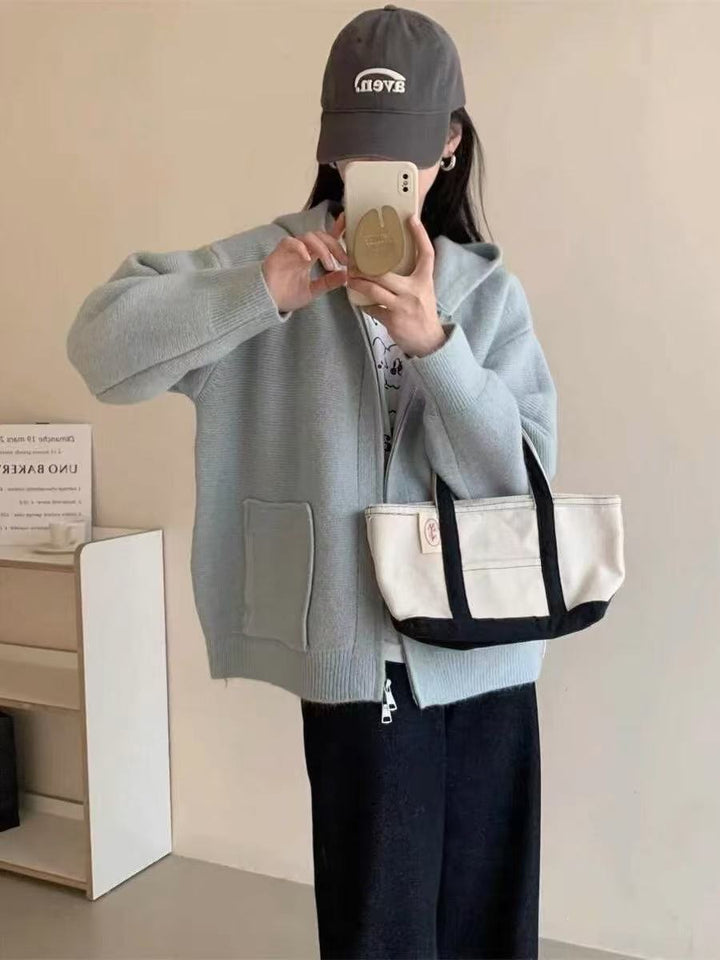 Ladies Casual Oversized Knit Vest with Hood and Pockets Lune London