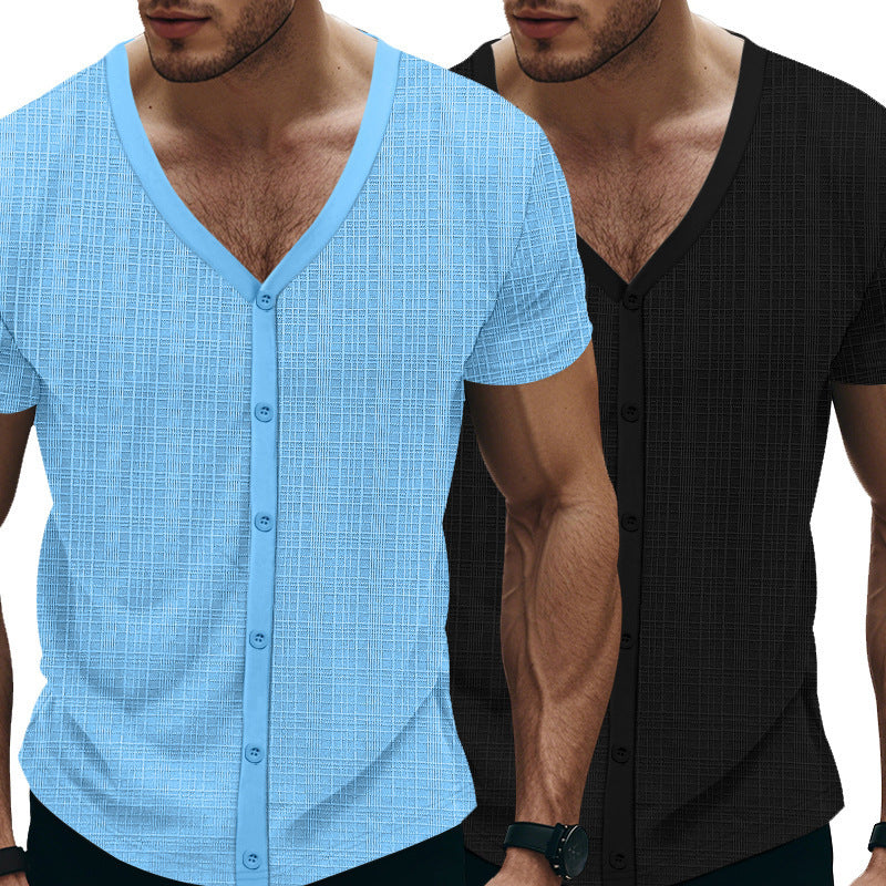 Men's Short Sleeve Henley T-Shirt with Textured Design and Fashionable V-Neck Lune London