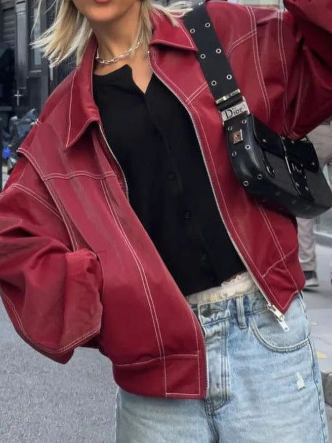 Elegant faux leather jacket for women with drapes and adjustable belt Lune London