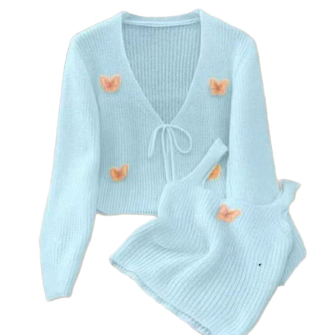 Cropped knit jacket for women with fine butterfly appliqués Lune London