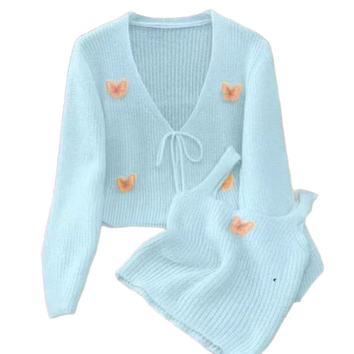 Cropped knit jacket for women with fine butterfly appliqués Lune London