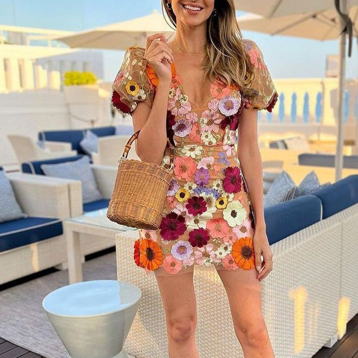 Lune London | 3D Flower Bodycon Lantern Sleeve Embroidered Dress