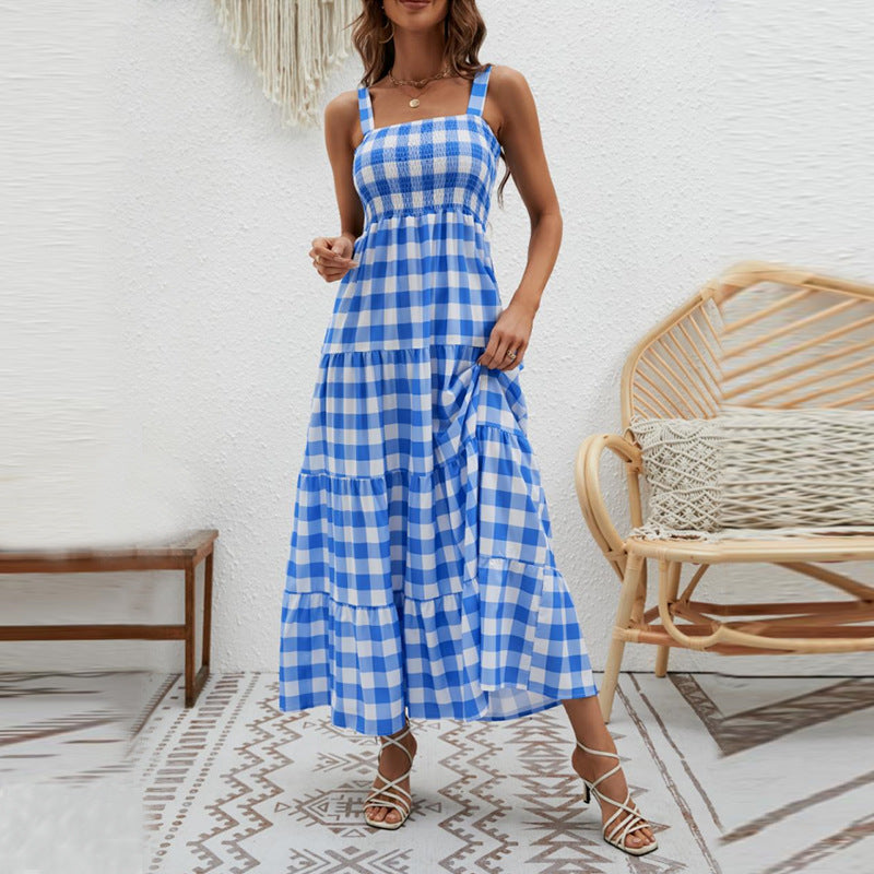 Chic & Stil Women's Airy Maxi Dress with Checkered Pattern and Elastic Bodice