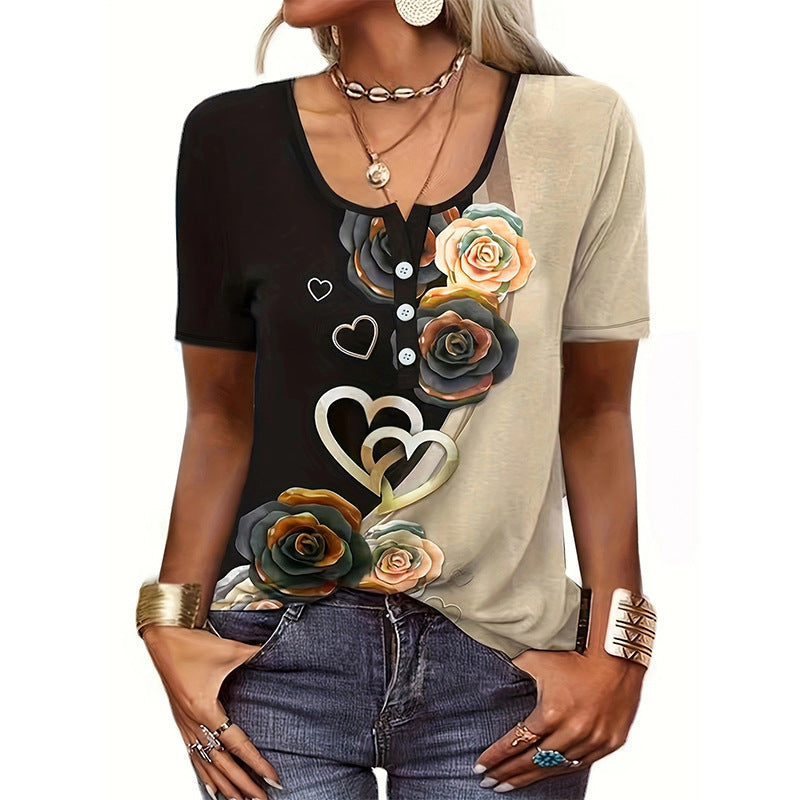 Women short sleeve t-shirt with heart-shaped floral design and button placket Lune London