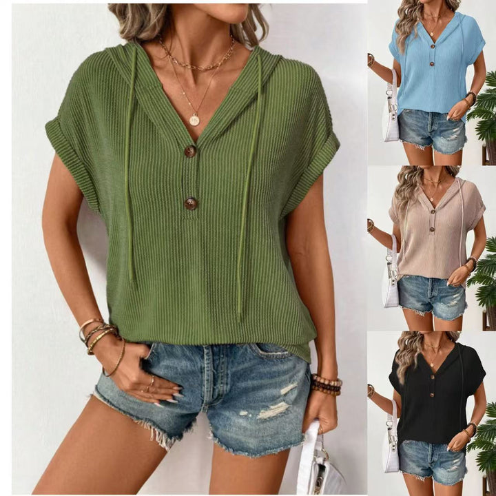 Casual short sleeve shirt for women with button placket and hood Lune London