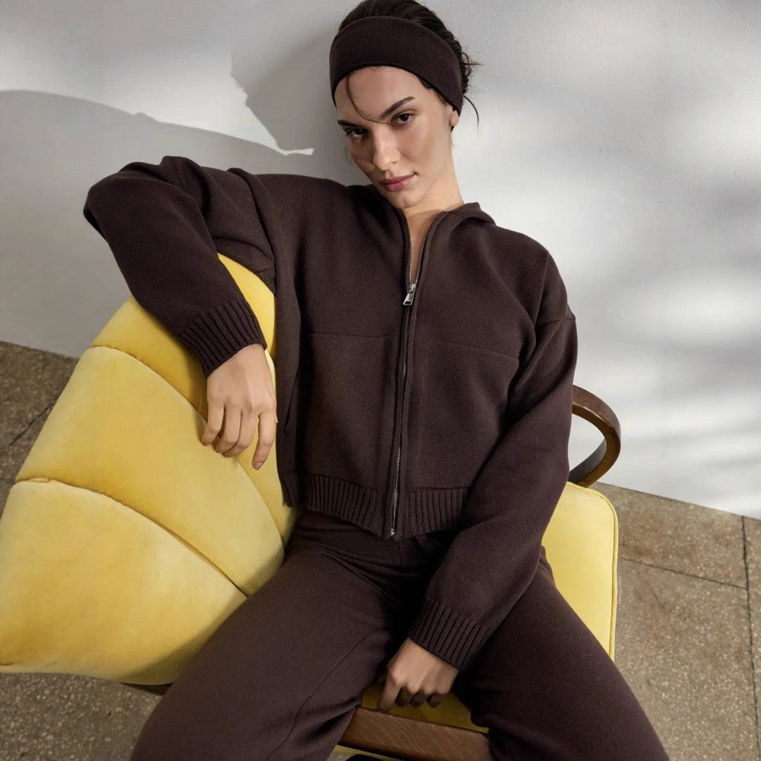 Casual knit outfit for women with hoodie jacket and comfortable palazzo pants Lune London