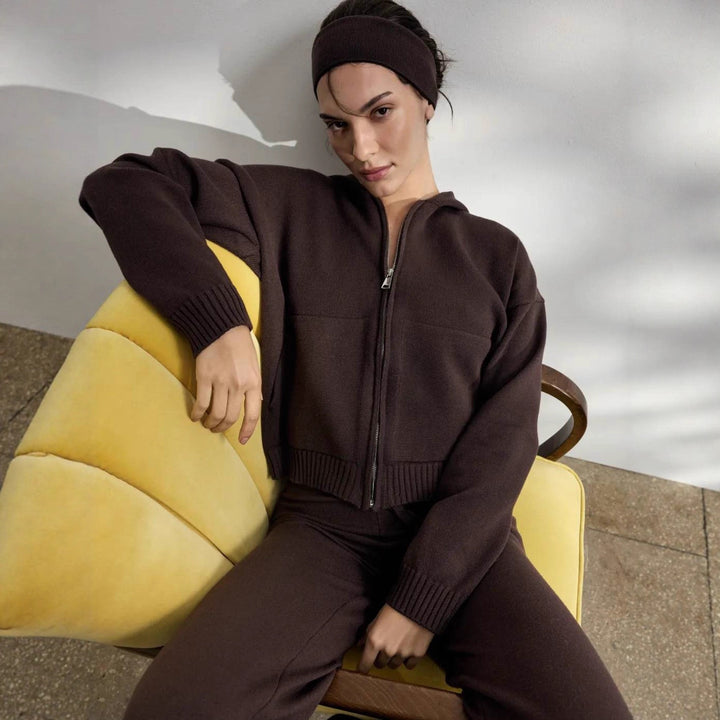 Casual knit outfit for women with hoodie jacket and comfortable palazzo pants Lune London