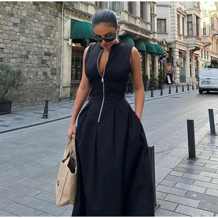 Women Elegant Casual Dress with a High Collar Design and Hidden Zipper Lune London