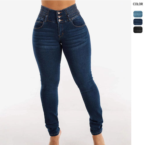 Women High-Waisted Jeans with Elastic Waistband and Button Details Lune London