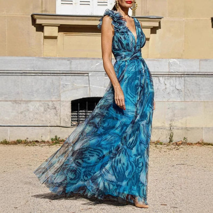 Ladies Elegant Maxi Dress with Delicate Ruffle Details and Opaque Chiffon Lune London
