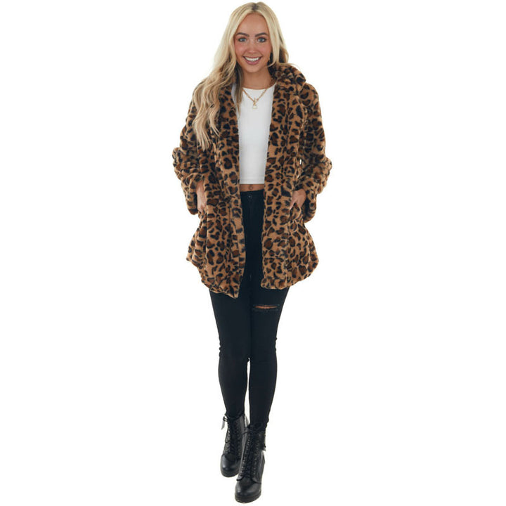 Women Leopard Fleece Jacket Comfortable Open Collar Lune London