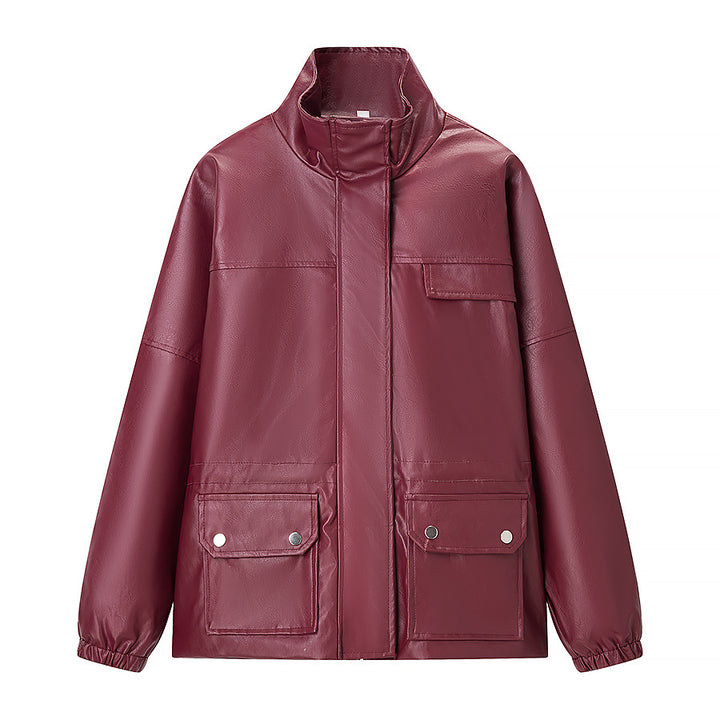 Veste en faux cuir pour femmes avec poches pratiques et col haut Chic & Stil