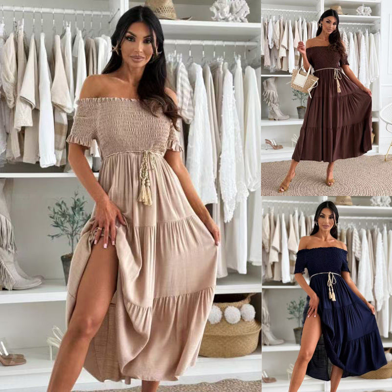 Maxi dress with off-the-shoulder for women with bow at the waist Lune London