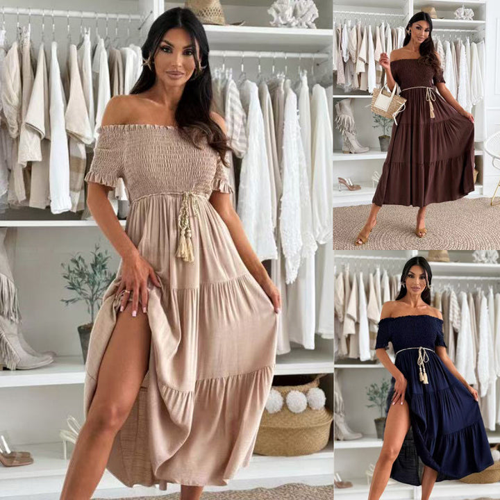 Maxi dress with off-the-shoulder for women with bow at the waist Lune London