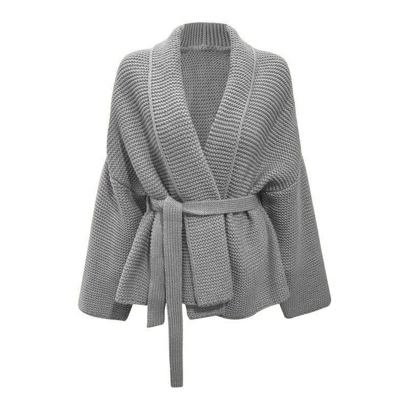 Women's chunky knit cardigan with wide shawl collar and tieable belt Lune Londonl