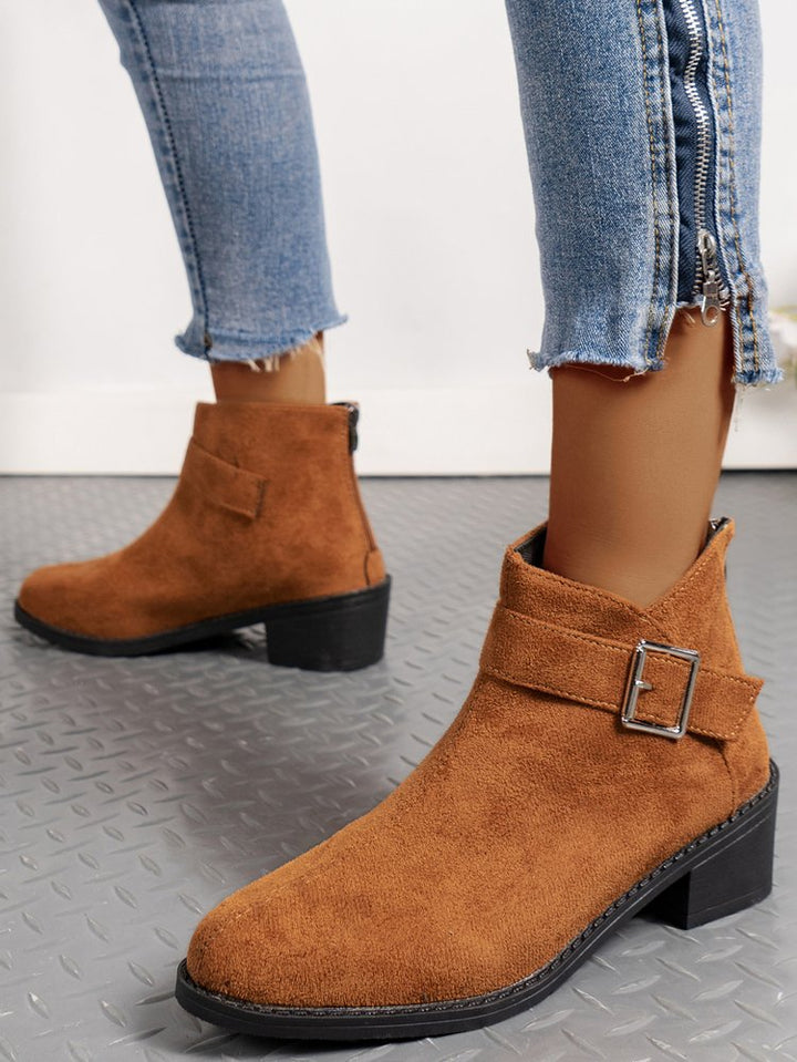 Women's ankle boots with a fashionable buckle detail and a comfortable square heel Lune London
