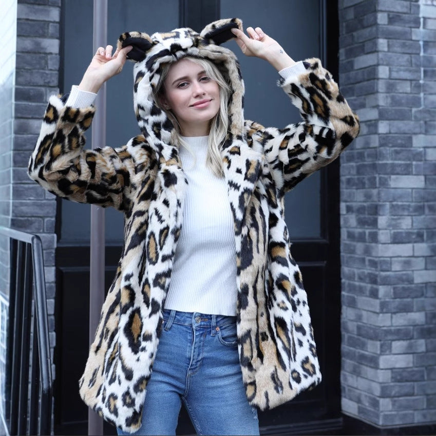 Ladies Cozy Fur Coat with Hood and Cat Ears Lune London