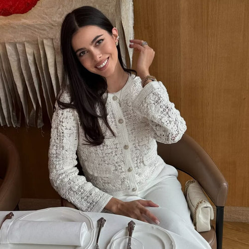 Women’s knit jacket with a fine crochet pattern and chic button details Lune London
