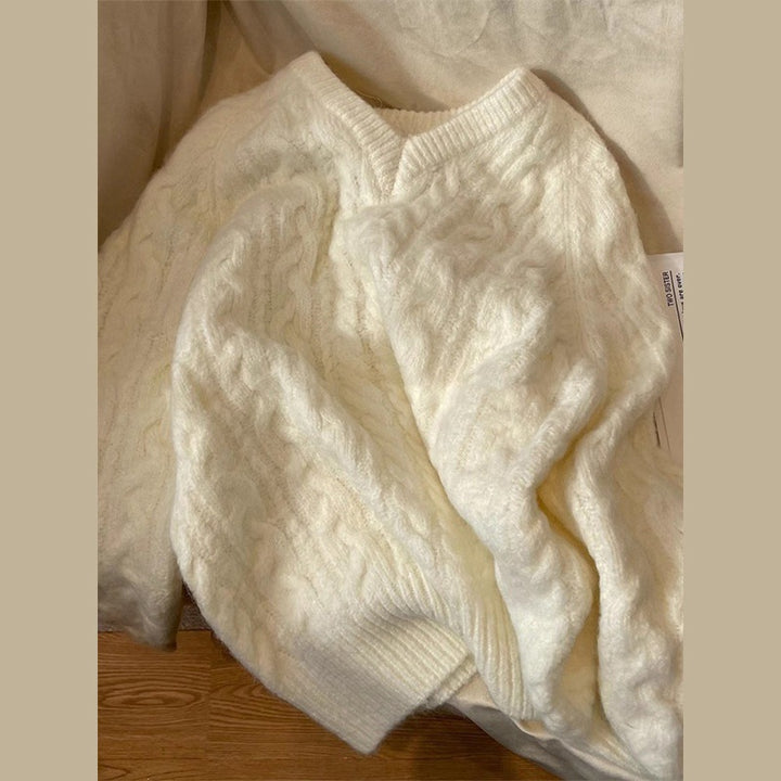 Pull en maille épaisse pour femme avec col en V et motif en câble Chic & Stil
