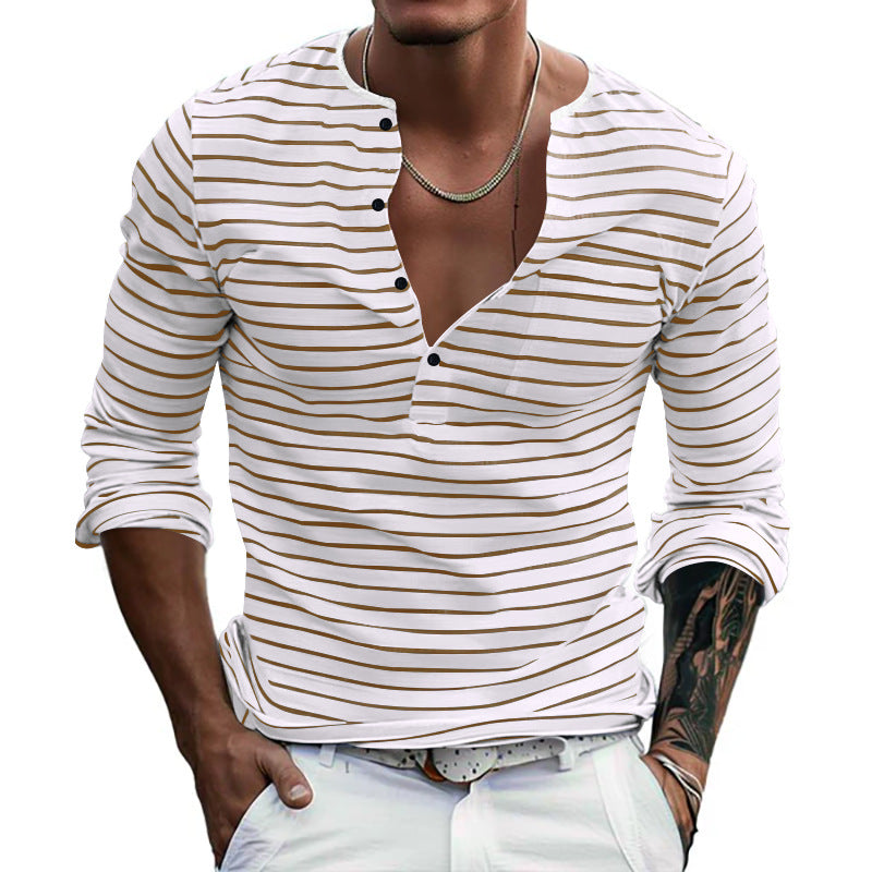Men's long sleeve t-shirt with striped design and button placket Lune London