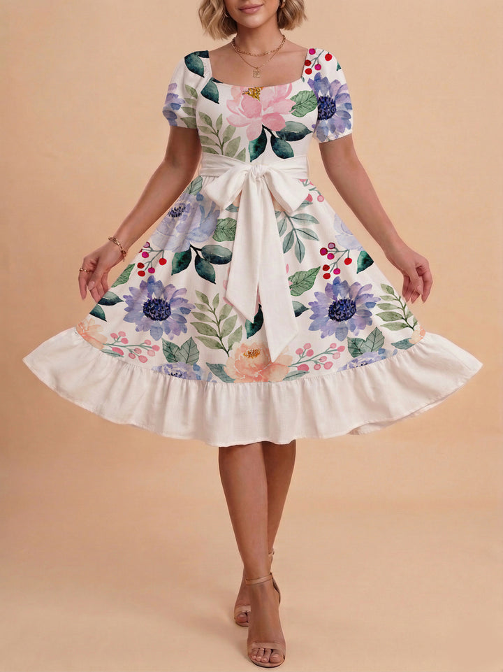 Women's Midi Dress with Elegant Floral Print and Fitted Belt Lune London