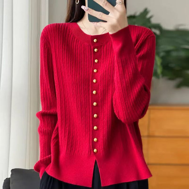 Lady's knit jacket with gold buttons Lune London
