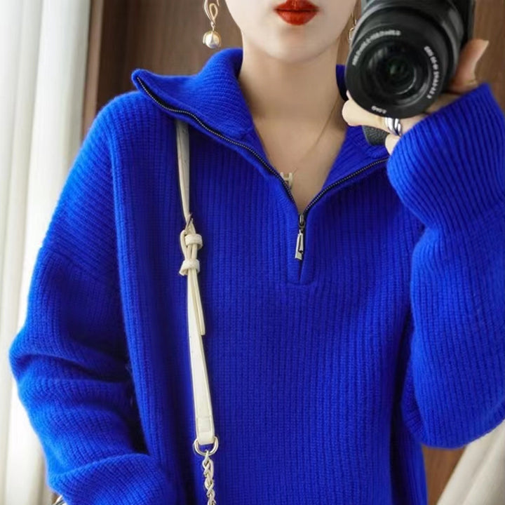 Knit sweater for women with high collar and half-zip Lune London