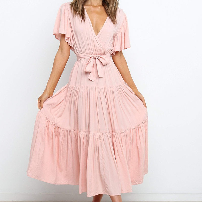 Lune London Fluid maxi dress for women with tie-up belt and butterfly sleeves