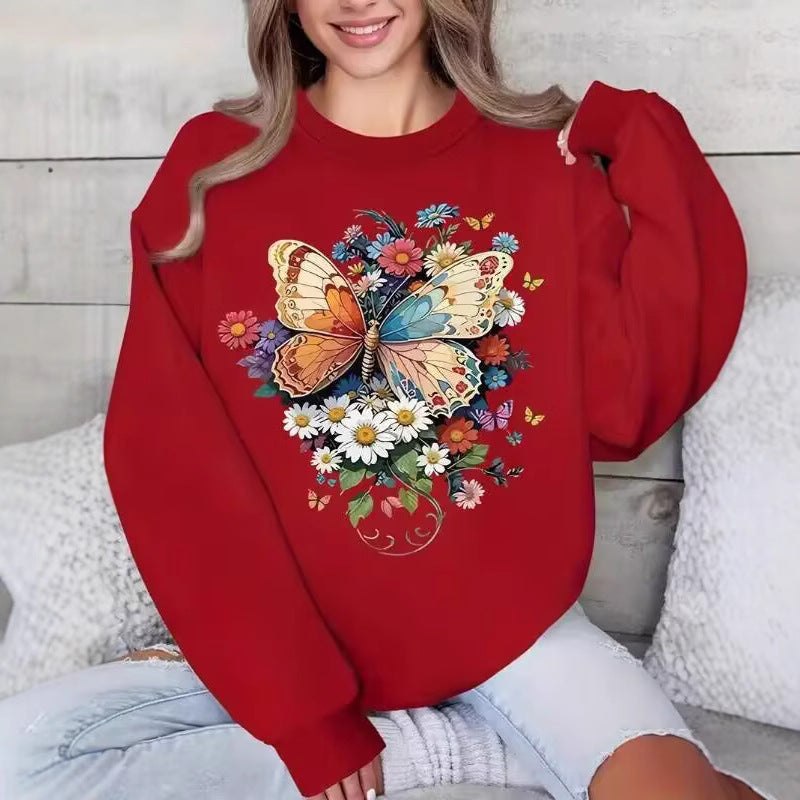 Sweatshirt à longues manches pour femmes avec imprimé floral de papillon Chic & Stil