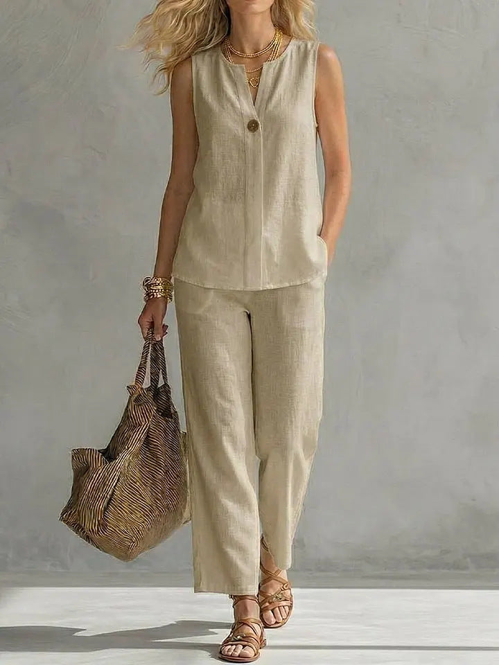 Women's Casual Two-Piece Set with Sleeveless Blouse and Trendy Pants Lune London