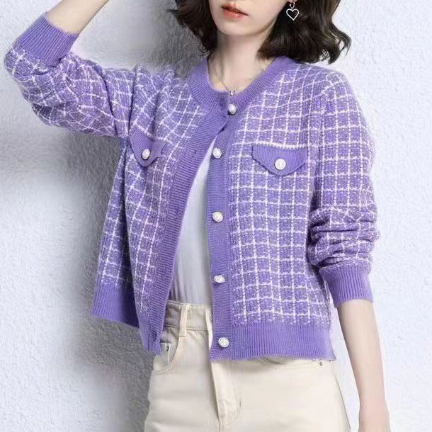 Knitted jacket for women with structured design and pearl buttons Lune London