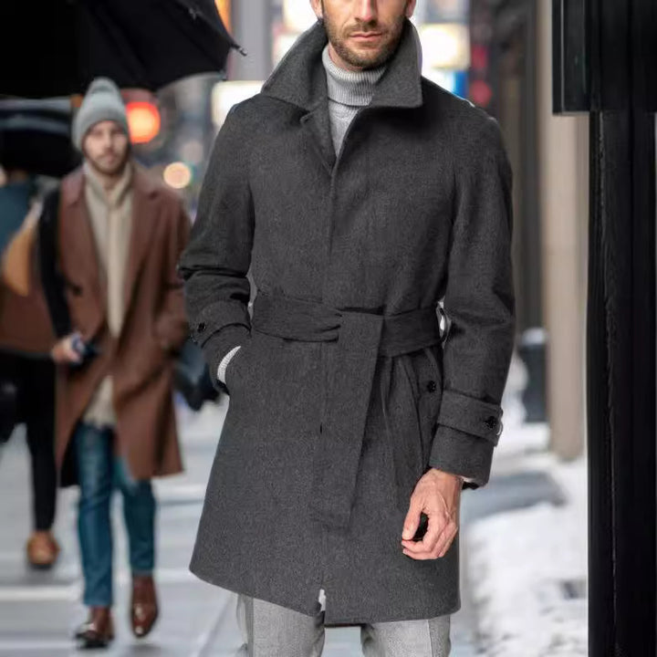 Elegant coat for men with a belt at the waist and modern accents Lune London