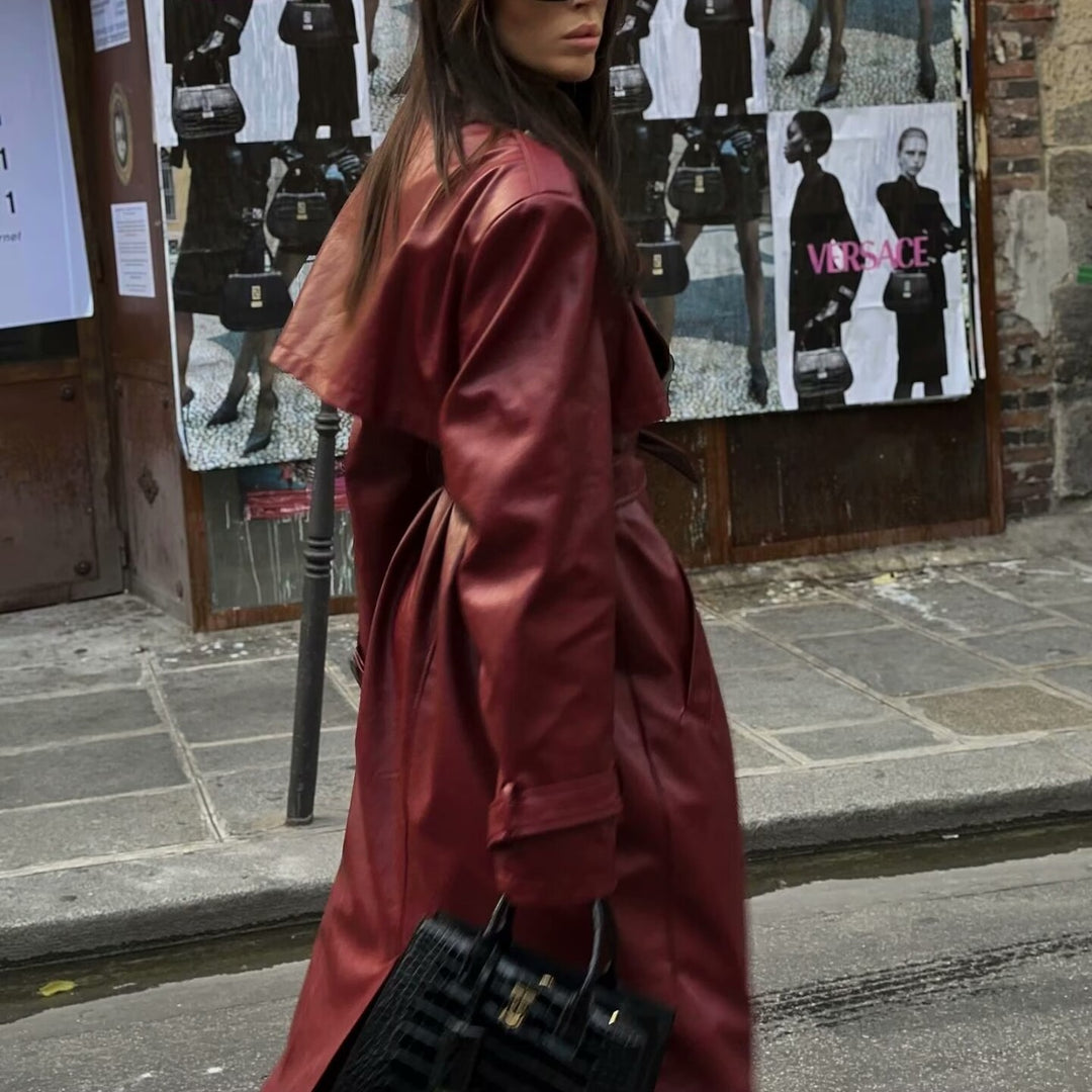 Elegant women's faux leather trench coat with belt and large lapels Lune London