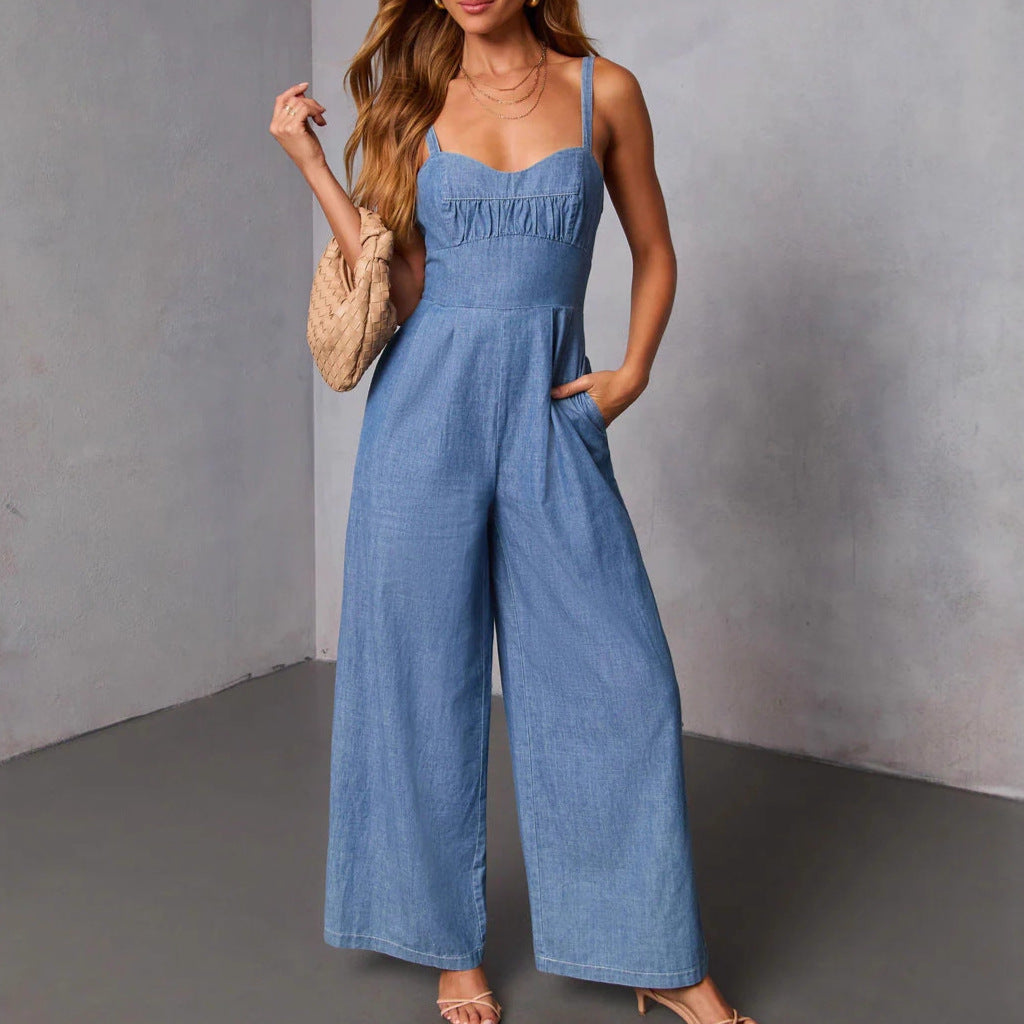 Chic & Stil Women's Denim Jumpsuit with Wide Legs and Elegant Straps