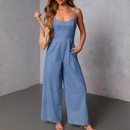 Women's casual denim jumpsuit with elegant bustier top and wide leg