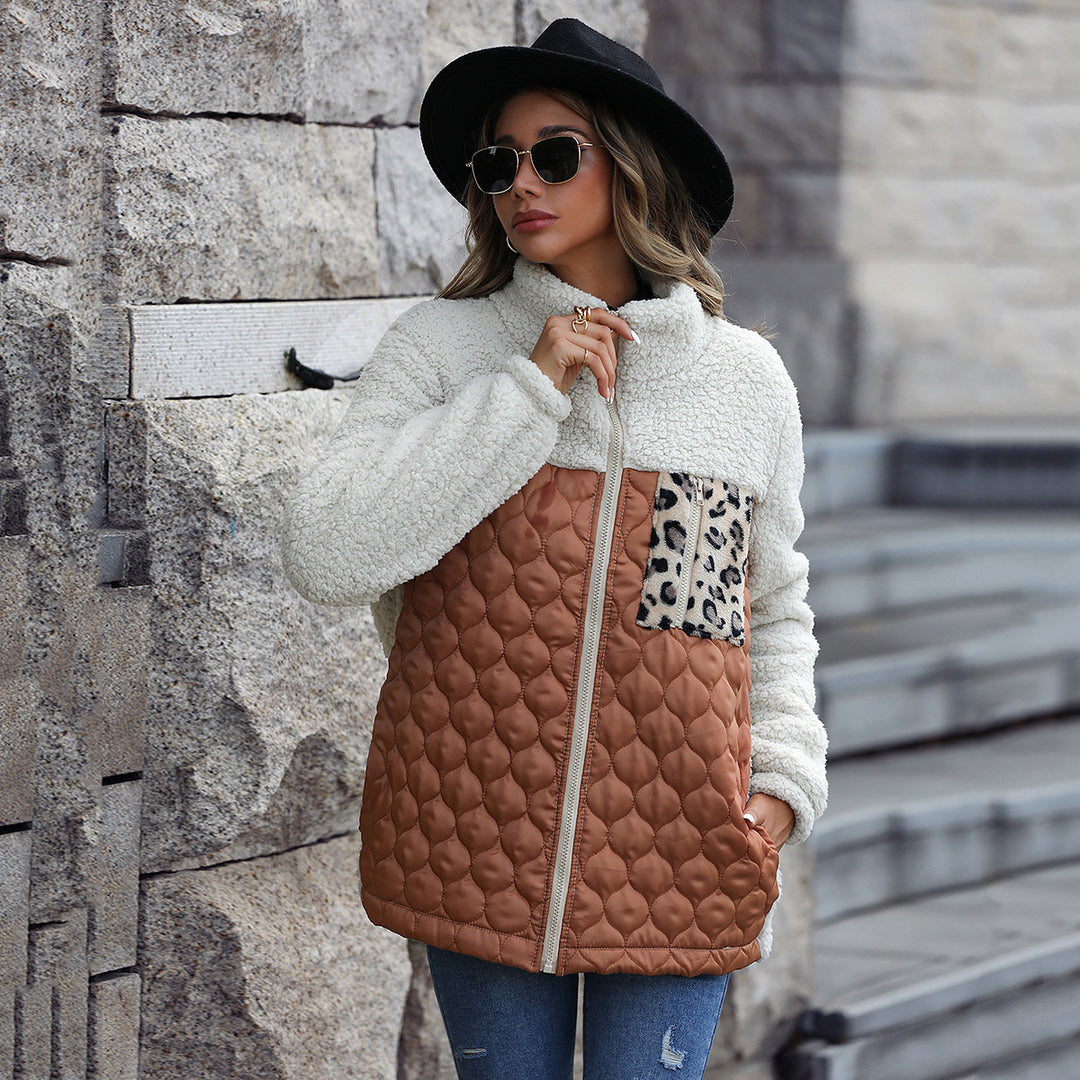 Women's fleece jacket with modern patchwork details and a chic animal print