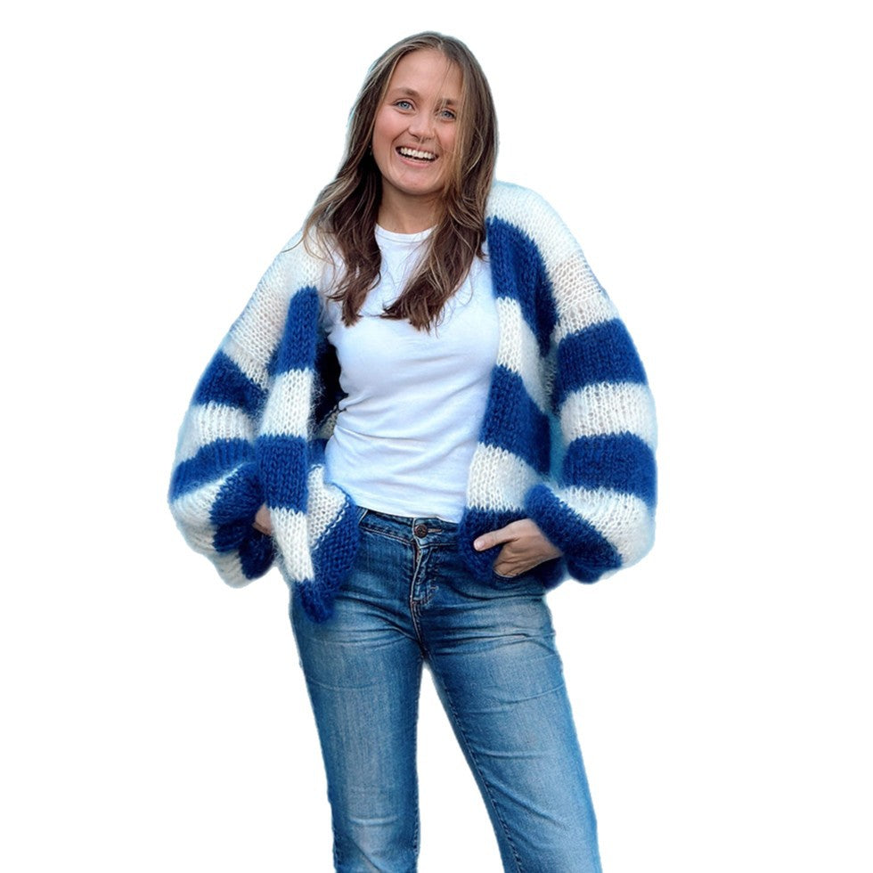 Chunky knit jacket for women with a trendy striped pattern and wide sleeves Lune London