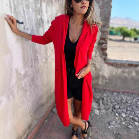 Ladies Long Knit Cardigan with Open Front and Practical Pockets Lune London