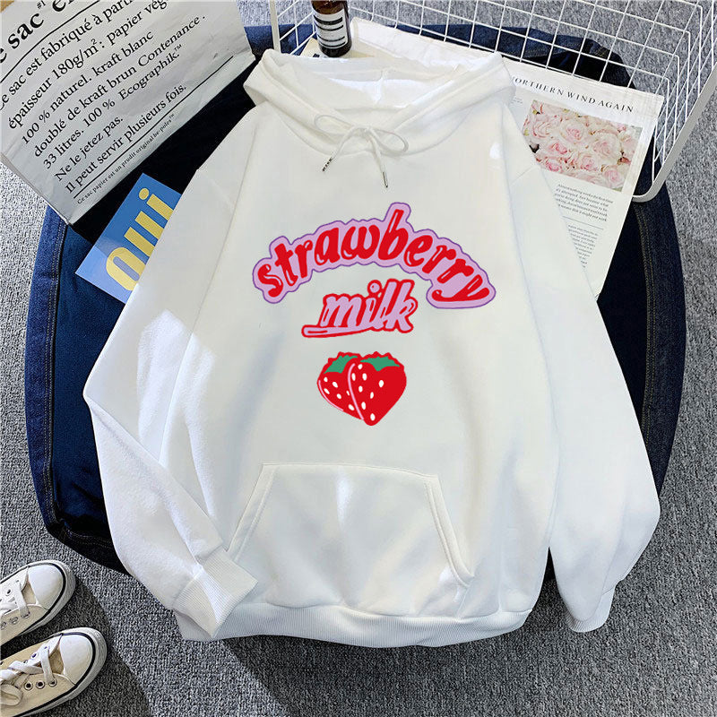 Ladies hooded sweatshirt with cheerful strawberry milk design Chic & Stil