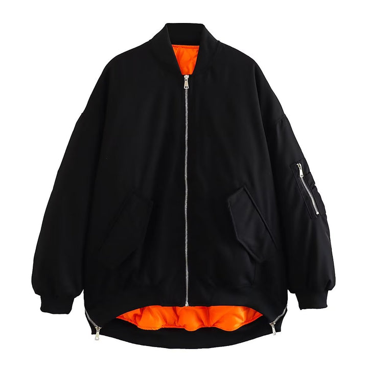 Fashionable oversized bomber jacket for women with functional pockets and sporty design Lune London