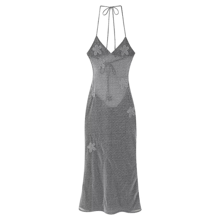 Maxi dress woman with floral appliqués and tie-up top Lune London