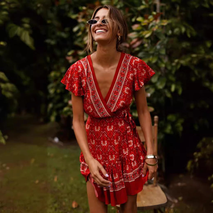 Wrap dress for women with floral design and ruffle details Lune London